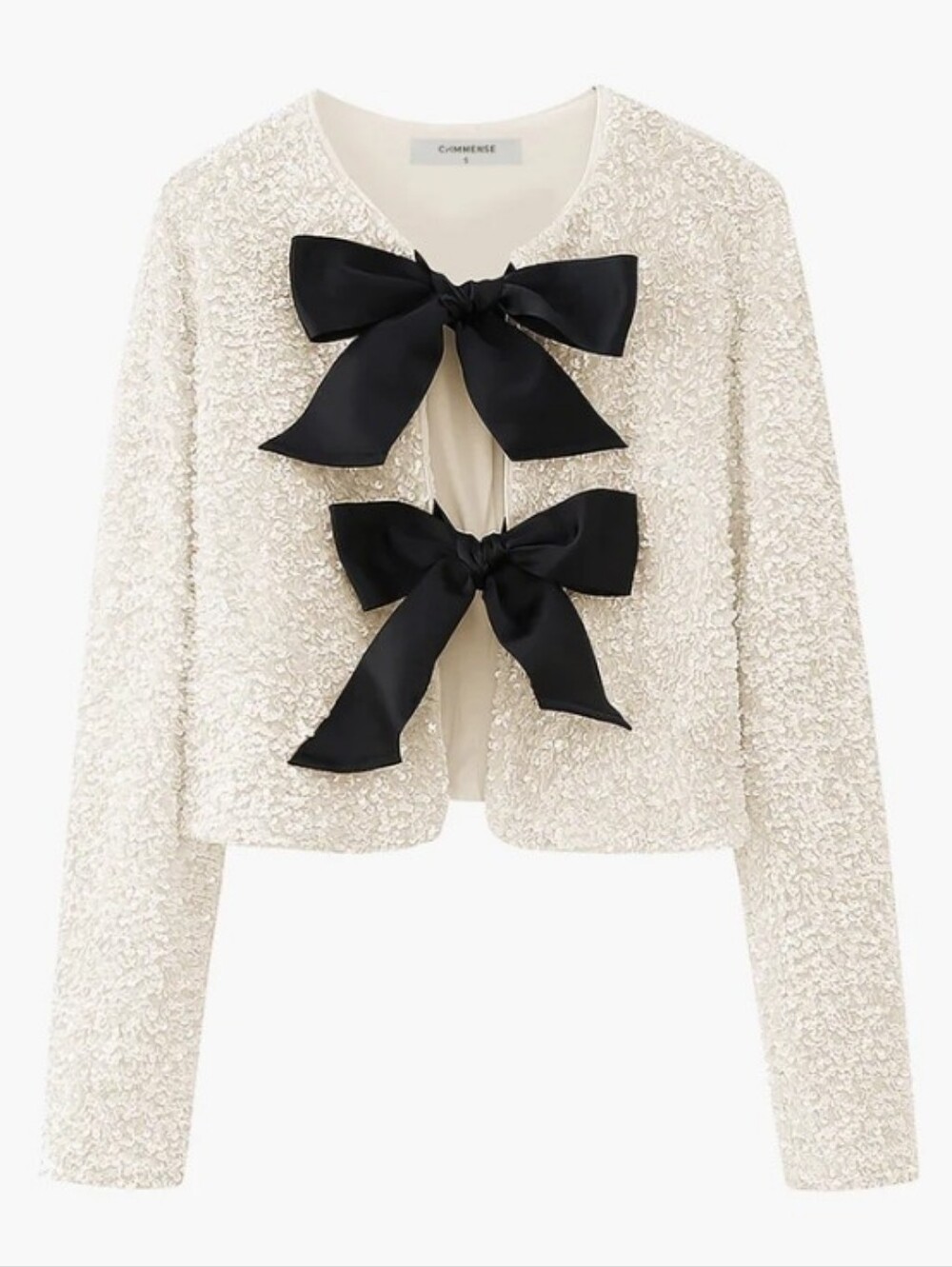 Commense Textured Sequin Ivory Cropped Jacket with Black Bow Closures XS